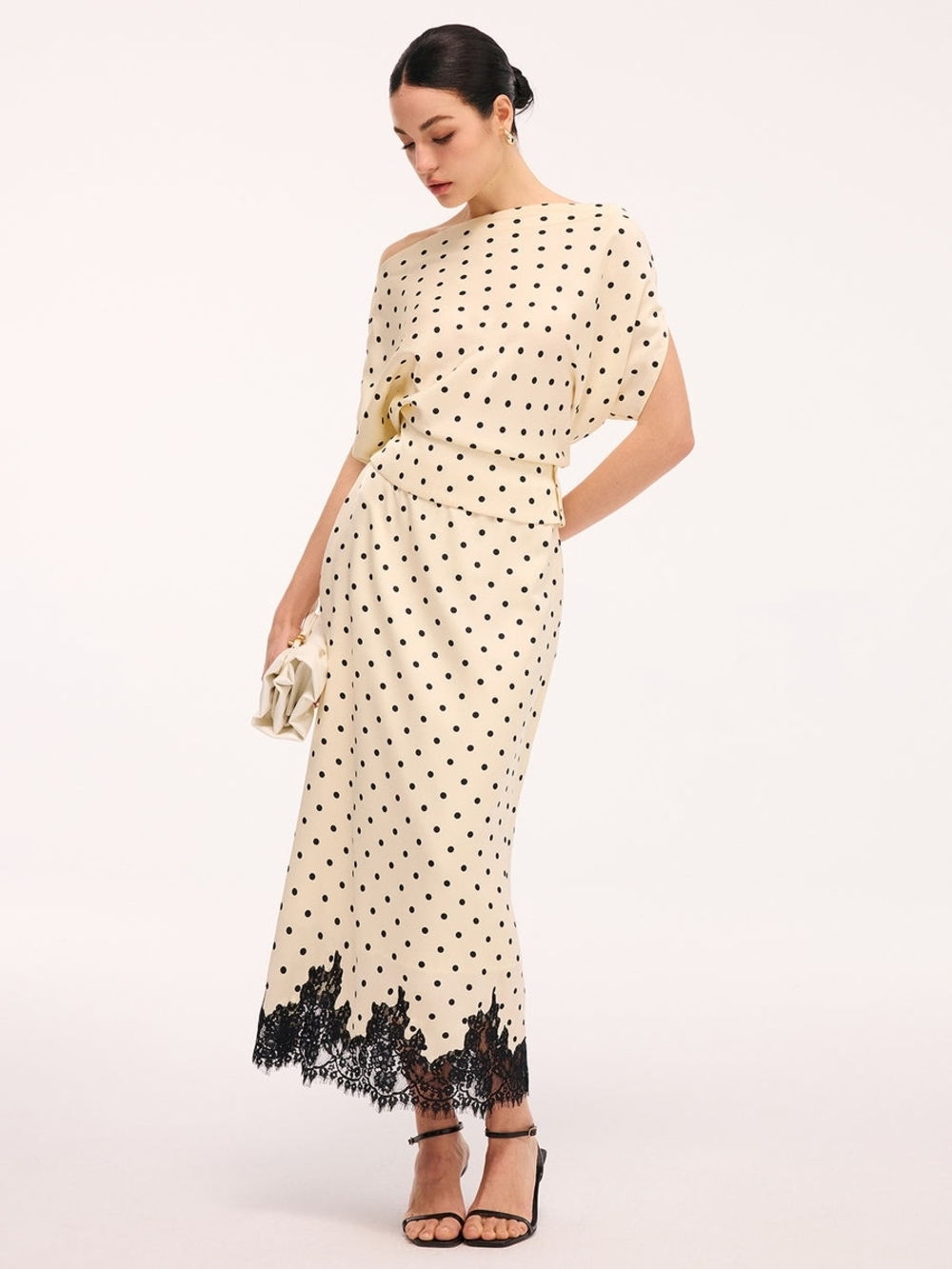 Commense Polka Dot Top & Lace Trim Midi Skirt Set Large